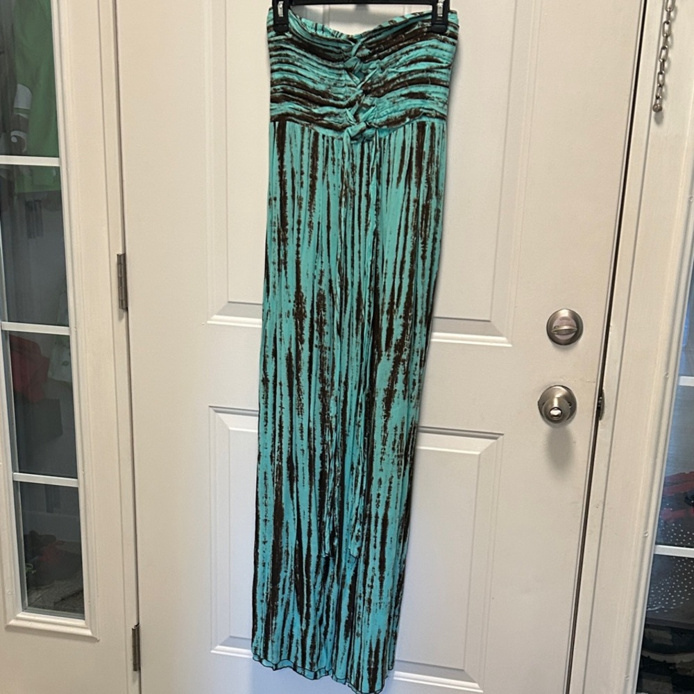 The Pyramid Collection Strapless Maxi Dress in Teal and Brown, Size Small